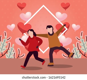 young lovers couple with winter clothes and love season vector illustration design