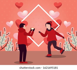young lovers couple with winter clothes and love season vector illustration design