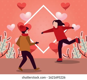young lovers couple with winter clothes and love season vector illustration design