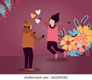 young lovers couple with winter clothes and love season vector illustration design