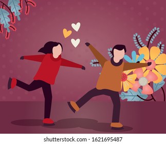 young lovers couple with winter clothes and love season vector illustration design