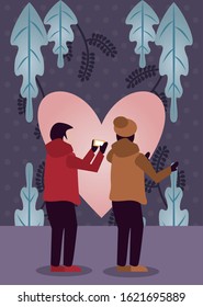 young lovers couple with winter clothes and love season vector illustration design