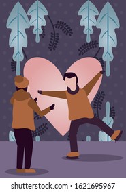 young lovers couple with winter clothes and love season vector illustration design