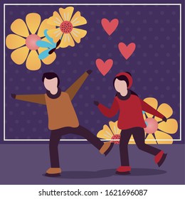 young lovers couple with winter clothes and love season vector illustration design