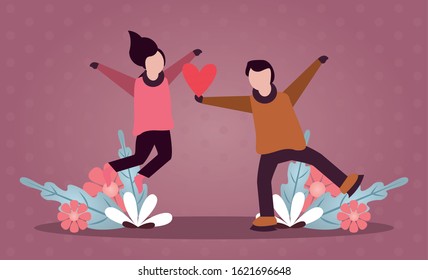 young lovers couple with winter clothes and love season vector illustration design