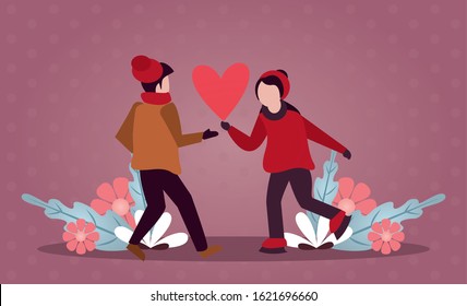 young lovers couple with winter clothes and love season vector illustration design