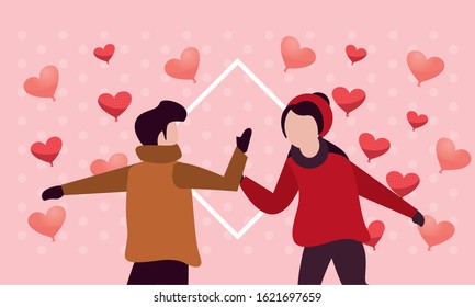 young lovers couple with winter clothes and love season vector illustration design