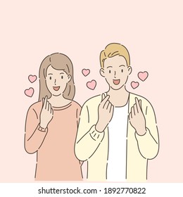 Young lovers give mini hearts. Valentine's day concept. Hand draw style. Vector illustration.