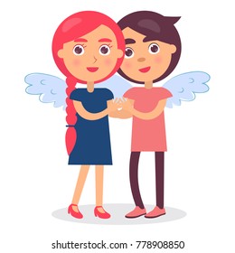 Young lovers tenderly hold each other's hands gently smiling, wings on back vector illustration Valentines day postcard isolated on white background