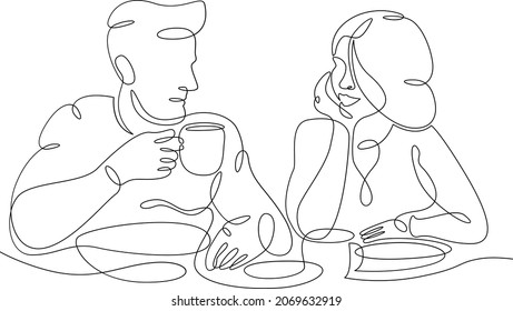 Young loving couple in a cafe. A woman and a man sit for coffee and food. One continuous line .One continuous drawing line logo isolated minimal illustration.