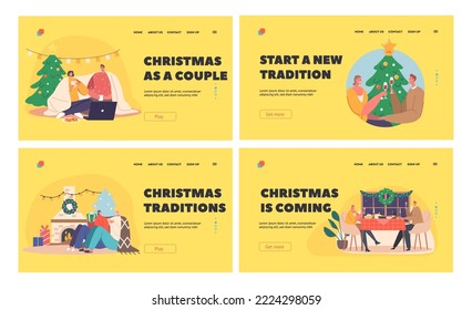 Young Loving Couple Celebrate Christmas Landing Page Template Set. Sitting at Table, Drinking Wine, Watching Movie on Laptop, Open Gifts at Fire Place Together. Cartoon Vector Illustration