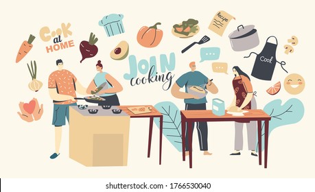 Young Loving Couple Characters Cooking Together on Kitchen. Family Prepare Dinner with Fresh Products on Table. Every Day Routine, Relations, Romantic Evening Meal. Linear People Vector Illustration