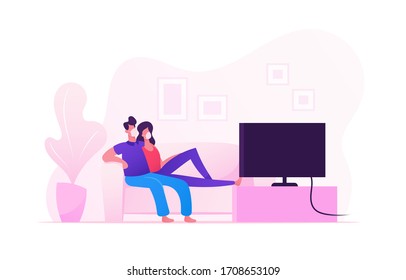 Young Loving Couple Characters in Medical Mask Watching TV at Home on Covid19 Quarantine. Characters Sitting on Couch Spending Time in Weekend Evening, Global News. Cartoon People Vector Illustration