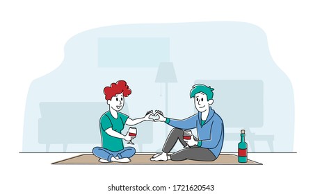 Young Loving Couple Characters Spend Time at Home Sitting on Floor Together Chatting, Drinking Wine Make Heart of Fingers. Weekend Evening, Love, Flirting Sparetime. Linear People Vector Illustration