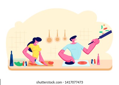 Young Loving Couple Cooking Together on Kitchen. Family Prepare Dinner with Fresh Products on Table. Every Day Routine, Love, Human Relations, Romantic Evening Meal. Cartoon Flat Vector Illustration