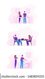 Young Loving Couple Cooking Together on Kitchen Set. Family Prepare Food, Having Meal and Washing Dishes. Every Day Routine, Love and Human Relations, Romantic Dinner. Cartoon Flat Vector Illustration