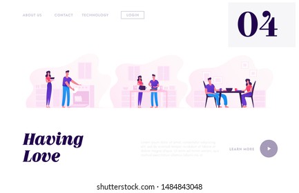 Young Loving Couple Cooking Together Website Landing Page. Family Prepare Food, Having Meal and Washing Dishes. Every Day Routine, Love and Relations Web Page Banner. Cartoon Flat Vector Illustration