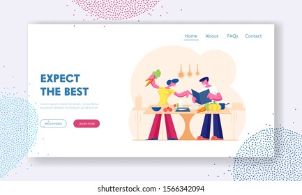 Young Loving Couple Cooking Together on Kitchen Website Landing Page. Family Prepare Dinner with Fresh Products on Table. Love, Romantic Evening Meal Web Page Banner. Cartoon Flat Vector Illustration