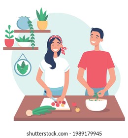 Young loving couple cooking together on kitchen. Family preparing healthy meal. Household of husband and wife. Flat vector illustration on a white background.