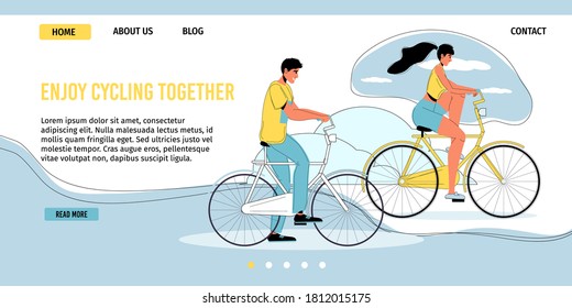 Young loving couple enjoy cycling together outdoor. Man woman riding bicycle. Eco tour on summer vacation during holiday weekend time. Romantic voyage, leisure. Pollution free transport. Landing page