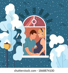 Young loving couple expecting a baby. Family at the window of their house. A man hugs his pregnant woman. Winter outside the window. Cute vector illustration.