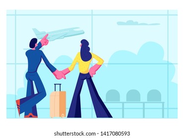 Young Loving Couple Going for Leisure. Man and Woman Stand in Airport Terminal Waiting Flight Watching Flying Airplane through Window. Summer Time Vacation, Honeymoon. Cartoon Flat Vector Illustration