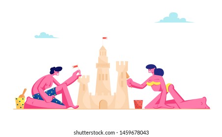 Young Loving Couple Having Leisure on Sandy Beach Building Sand Castle at Tropical Island Seaside. Man and Woman in Swimsuits on Resort Coast Line Summer Time Vacation Cartoon Flat Vector Illustration