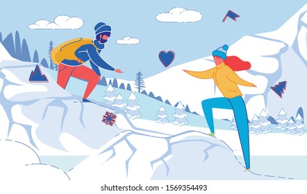 Young Loving Couple Hiking in Winter Mountains.