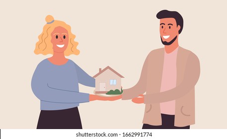 Young loving couple holding a mockup of their dream home in hands. Buying a home. Installments. Own Housing Program for Young People. Flat Vector Illustration