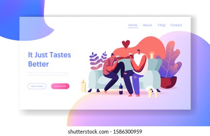Young Loving Couple Home Dating Website Landing Page. Man and Woman Sitting on Couch Chatting, Flirting Drinking Wine with Burning Candles around Web Page Banner. Cartoon Flat Vector Illustration