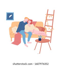 Joven pareja amorosa abrazándose sentada en el sofá en casa. Hombre abraza a una mujer sentada en un sofá en una sala de estar. Relaciones románticas amor tiempo libre descanso descanso San Valentín Día de citas dibujos animados Ilustración vectorial plana