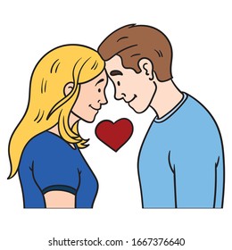 young loving couple looking deep into each other's eyes. heart symbol, cartoon, isolated.