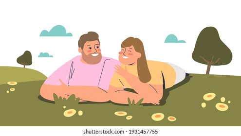 Young loving couple lying on green grass outdoors happy smiling and looking at each other. Man and woman in love together in spring park. Cartoon flat vector illustration