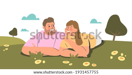 Young loving couple lying on green grass outdoors happy smiling and looking at each other. Man and woman in love together in spring park. Cartoon flat vector illustration