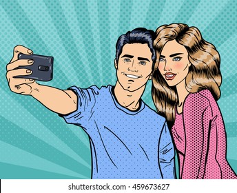 Young Loving Couple Making Selfie on Smartphone. Pop Art. Vector illustration