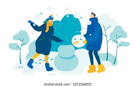 Young Loving Couple Making Snowman on Street. Winter Time Vacation, Fun, Happy Man and Woman Characters Leisure, Festive Season Sparetime. Love, Human Relation, Friend Cartoon Flat Vector Illustration