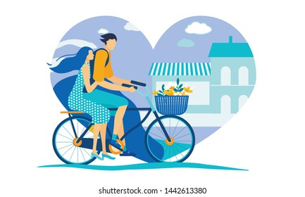 Young Loving Couple of Man and Woman Riding Bicycle on City Background inside Heart Shaped Frame, Dating, Romantic Voyage. Love, Human Relation, Travel on Bike Cartoon Flat Vector Illustration, Icon