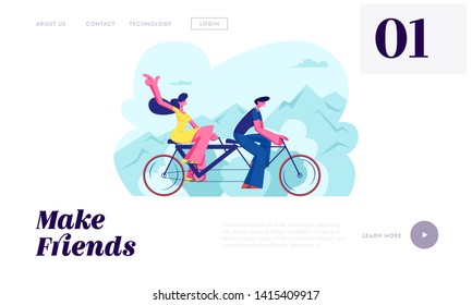 Young Loving Couple Ride Tandem Bicycle. Summer Time Vacation Sparetime, Leisure, Romantic Voyage. Love Relations. Bike Cycling Website Landing Page, Web Page. Cartoon Flat Vector Illustration, Banner