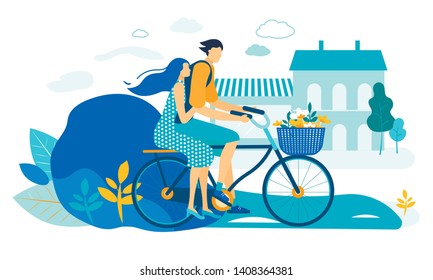 Young Loving Couple Riding Bicycle Together. Summer Time Vacation Sparetime, Leisure, Romantic Voyage. Love, Human Relations. Male and Female Character Cycling on Bike Cartoon Flat Vector Illustration