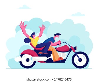 Young Loving Couple Riding Motorbike on Nature Background at Summer Time Weather. Girl and Man Having Vacation Sparetime, Leisure Romantic Journey Love Human Relations Cartoon Flat Vector Illustration