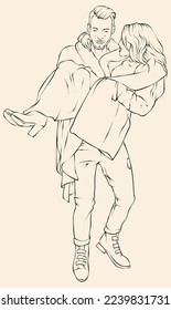 Joven pareja amorosa. Retrato de tinta sensual de una joven pareja elegante. Una pareja amorosa abrazándose, una pareja abrazándose y coqueteando. Ilustración dibujada a mano.