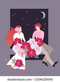 Young loving couple sitting by the window with a bouquet of roses at night. Wedding invitation, Valentine's Day greeting card. Vector.