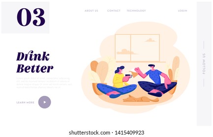 Young Loving Couple Sitting on Couch in Living Room Drinking Tea Together on Weekend Evening. Love, Leisure, Family Sparetime Website Landing Page, Web Page. Cartoon Flat Vector Illustration, Banner