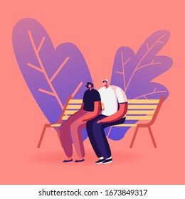 Young Loving Couple Sitting on Bench in City Park. Love, Outdoors Summer Spare Time, Leisure. Man and Woman Characters Choose Romantic Loving Relations and Feelings. Cartoon People Vector Illustration