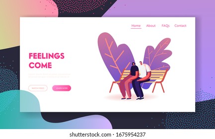 Young Loving Couple Sitting on Bench in City Park Landing Page Template. Man and Woman Characters Choose Romantic Loving Relations and Feelings, Love, Leisure. Cartoon People Vector Illustration