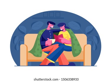 Young Loving Couple Spend Time at Home Sitting on Couch Together under polka dot blanket, Reading Book and Drinking Beverage on Weekend Evening. Love Leisure Spare time, Day Off Cartoon Flat Vector Illustration