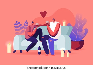 Young Loving Couple Spend Time at Home Sitting on Couch Together Chatting, Drinking Wine with Burning Candles around on Weekend Evening. Love, Flirting Sparetime. Cartoon Flat Vector Illustration