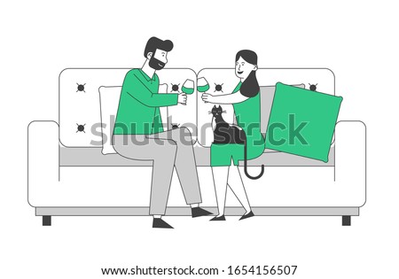 Young Loving Couple Spend Time at Home Sitting on Couch Together Chatting, Drinking Wine with Cat Sitting nearby on Weekend Evening. Love Flirting Sparetime. Cartoon Vector Illustration Linear