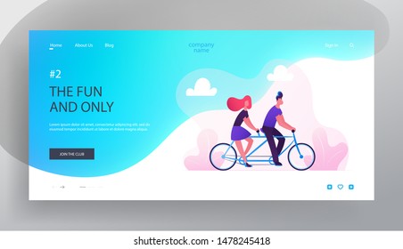 Young Loving Couple Summer Romantic Voyage Website Landing Page. Man and Woman Driving Tandem Bicycle in City Park. Love Relax Characters Cycling Bike Web Page Banner. Cartoon Flat Vector Illustration