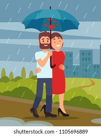 Young loving couple walking by park in rain, man holding umbrella. City buildings on background. Flat vector design